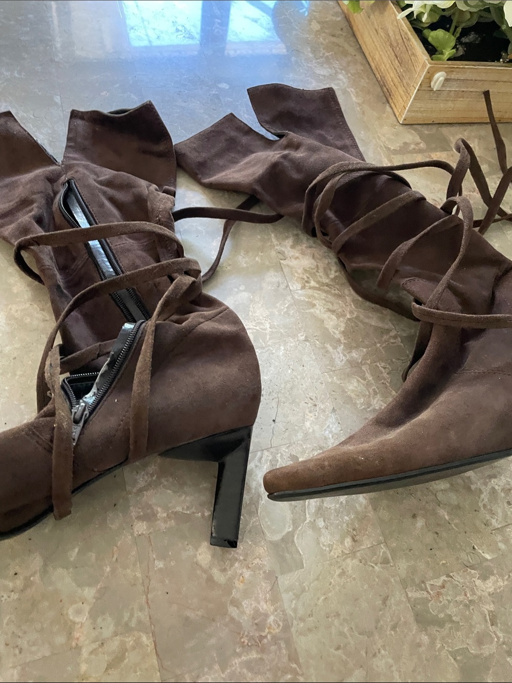 Nine West Dark Brown Suede Lace-Up Mid Heel Boots